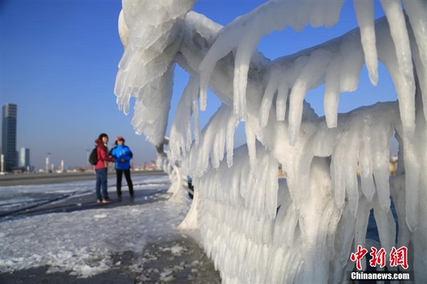 難得一見！大連海岸現(xiàn)冰掛奇觀：浪花結(jié)冰