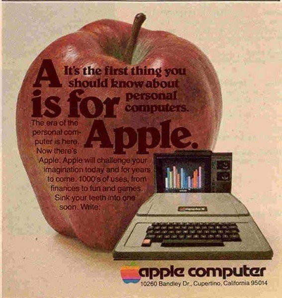 “A is for Apple。”蘋(píng)果公司意圖開(kāi)啟個(gè)人電腦時(shí)代，1978年發(fā)布。