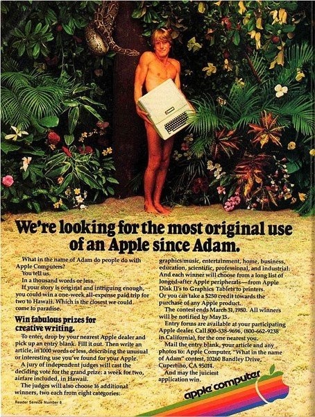 亞當(dāng)抱著蘋(píng)果電腦遮擋私處。Apple II電腦廣告，1979年發(fā)布。