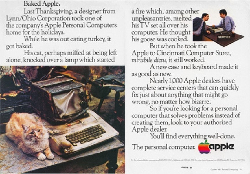 蘋(píng)果電腦燒焦了還能使用。AppleII電腦廣告，1981年發(fā)布。