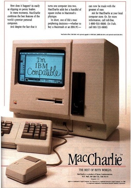 介紹蘋(píng)果電腦的MacCharlie硬件設(shè)備。蘋(píng)果電腦廣告，1986年發(fā)布。