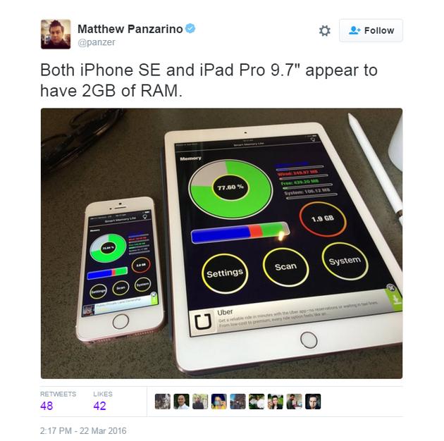 蘋果iPhone SE和9.7寸iPad Pro均搭載2GB內(nèi)存