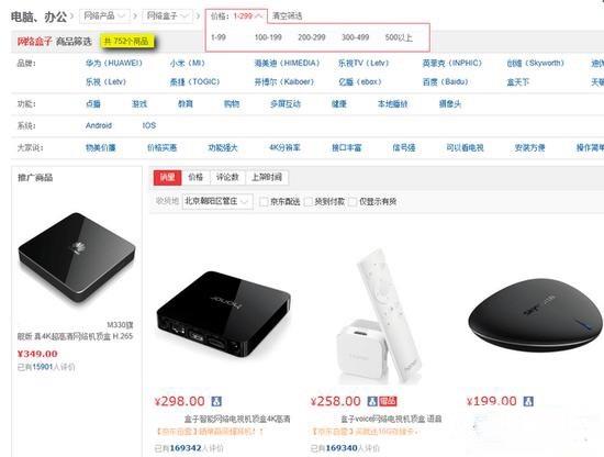搜索300元以下價格的智能電視盒，數(shù)量達到了752款