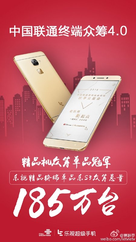 賈躍亭：樂S3中國聯(lián)通眾籌185萬臺，奪單品冠軍