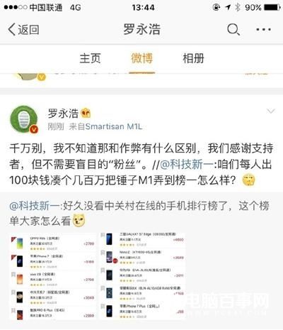 錘粉建議每人出100元把錘子手機(jī)刷榜第一 羅永浩：千萬別！