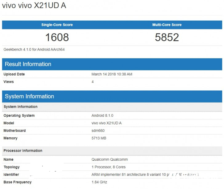 vivo X21現(xiàn)身Geekbench：驍龍660+屏下指紋