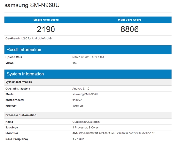 三星Galaxy Note9現(xiàn)身Geekbench：驍龍845+安卓8.1
