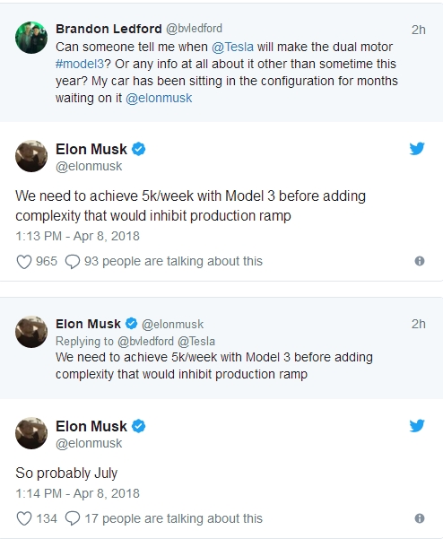 特斯拉Model 3雙電機版本將于7月投產(chǎn)：續(xù)航更久