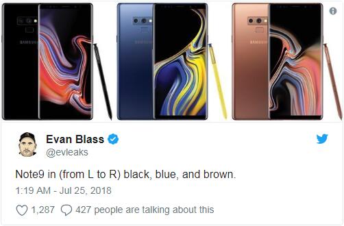 三星Galaxy Note 9三色曝光：機(jī)身與手寫(xiě)筆繼續(xù)混搭