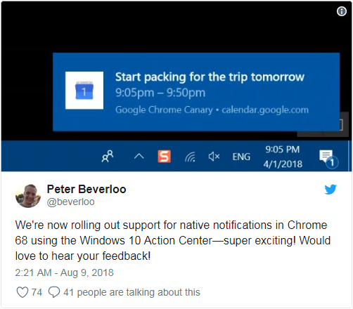 Chrome 68已支持Windows 10原生通知功能 可遵從行動(dòng)中心的設(shè)置