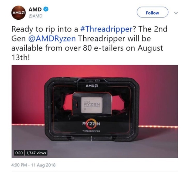 AMD 32核64線程撕裂者開賣時間宣布：8月13日